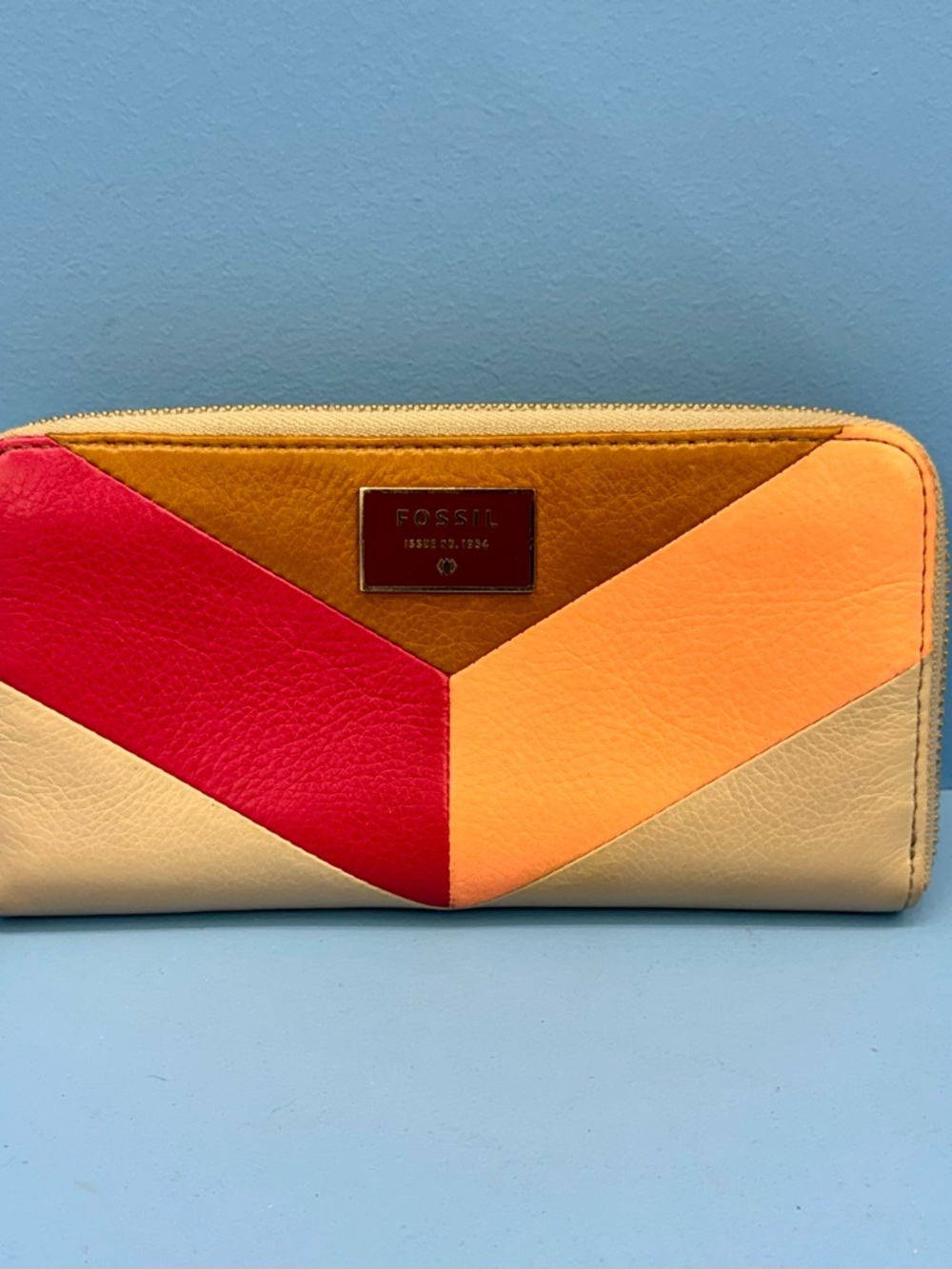 Fossil Colorblock Zip Wallet in Red, Peach & Cream